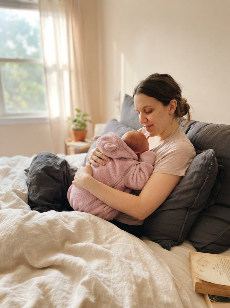 A mother resting in a sunlit bedroom with her baby wrapped in a soft, cozy baby nest hoodie.